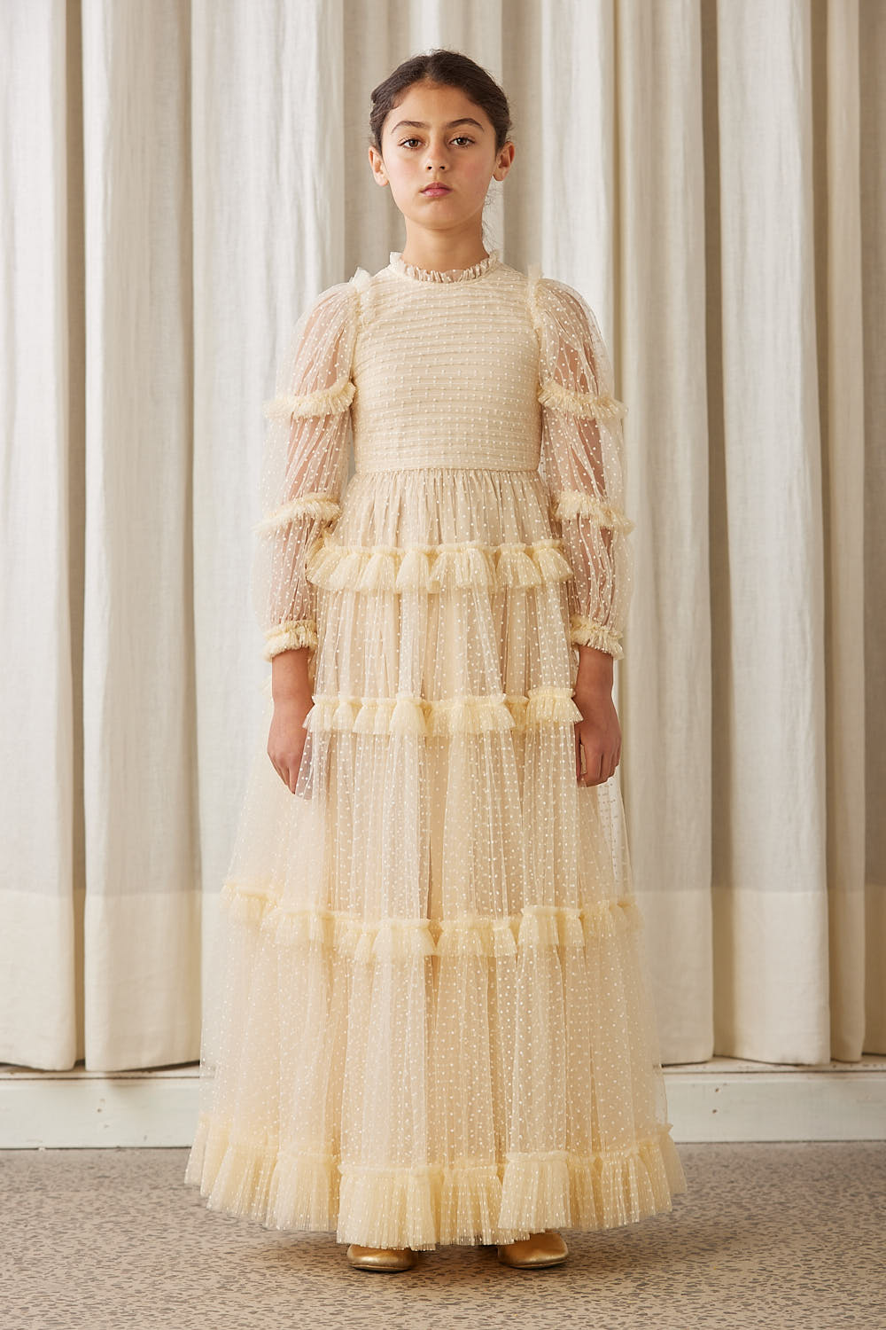 AW1136-Tulle Pleated Frill Dress-Cream  whoopikids