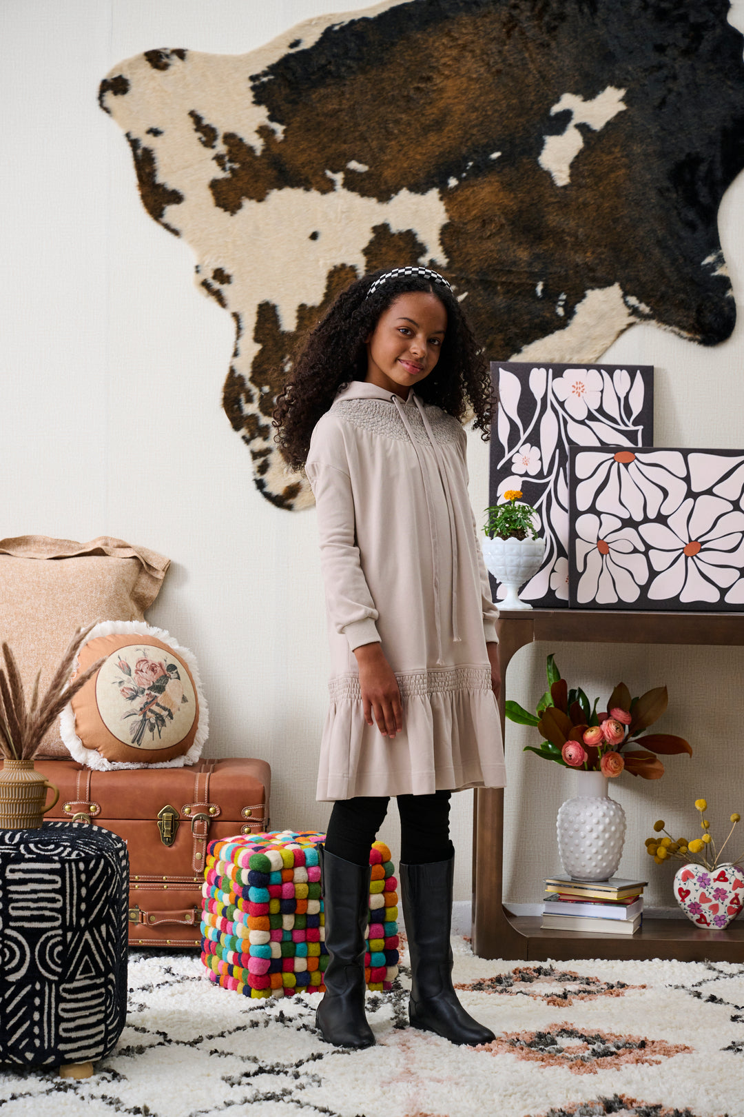 2196-BEIGE SWEATSHIRT WITH GREY TREAD SHIRRING DRESS