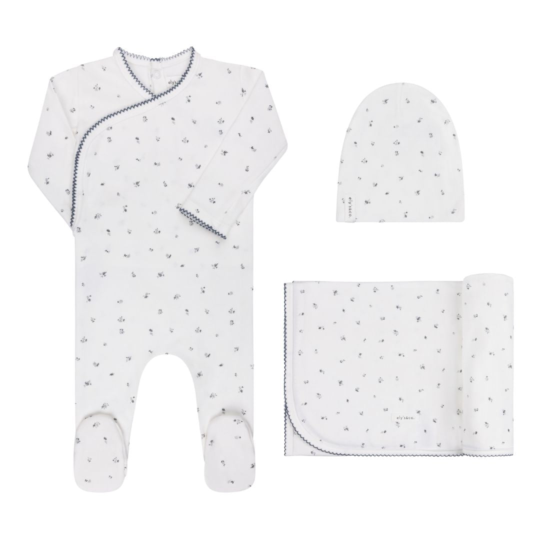 VELOUR CLUSTER LEAF IVORY/BLUE-3 PC SET