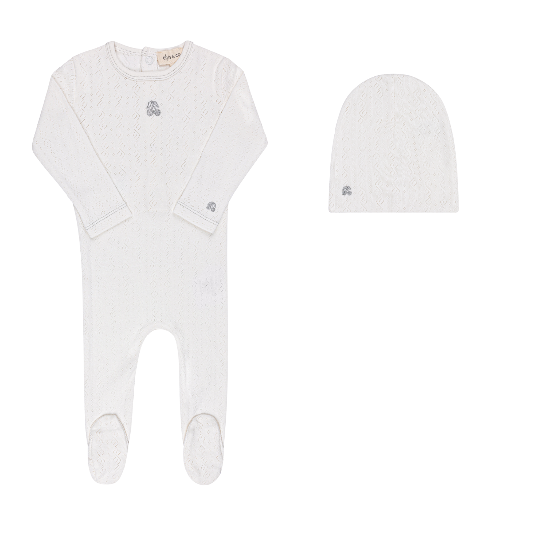 EMBROIDERED SQUIGGLE POINTELLE-BOYS CREAM-FOOTIE/BEANIE SET