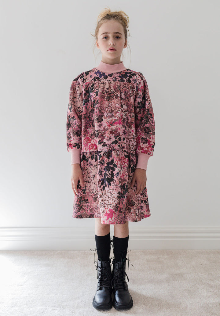 8200D-Blurred Floral Fleece Dress-Blurred Floral Print