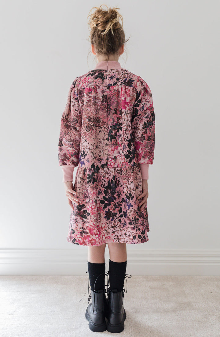 8200D-Blurred Floral Fleece Dress-Blurred Floral Print