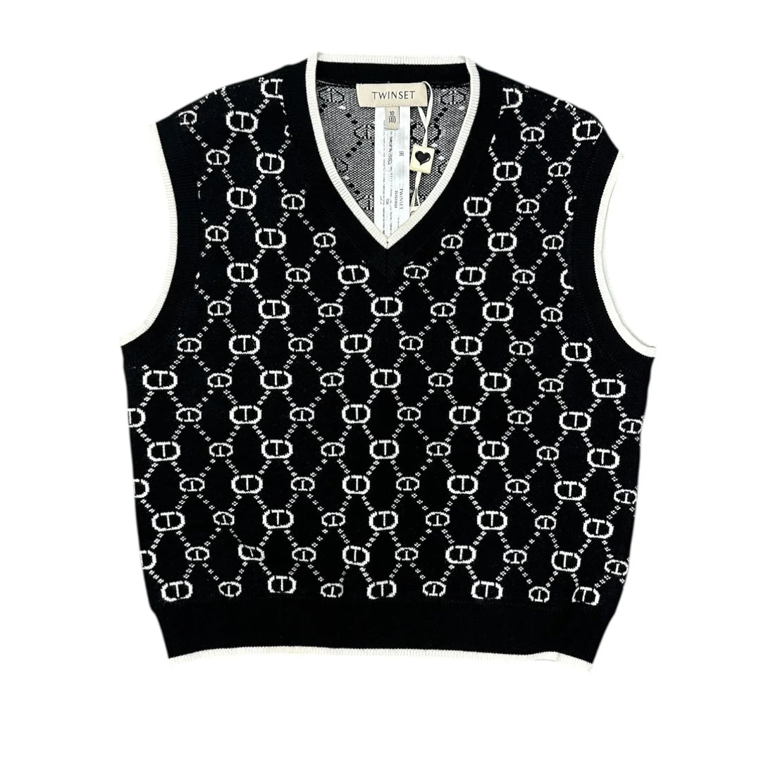 252GJ3023-SHORT KNIT VEST-NERO/MICRO LOGO OFF WHITE