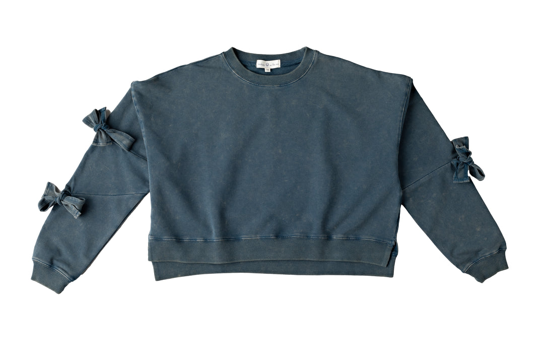 604-Ocean teal, snow wash-Teen cropped bow sweatshirt