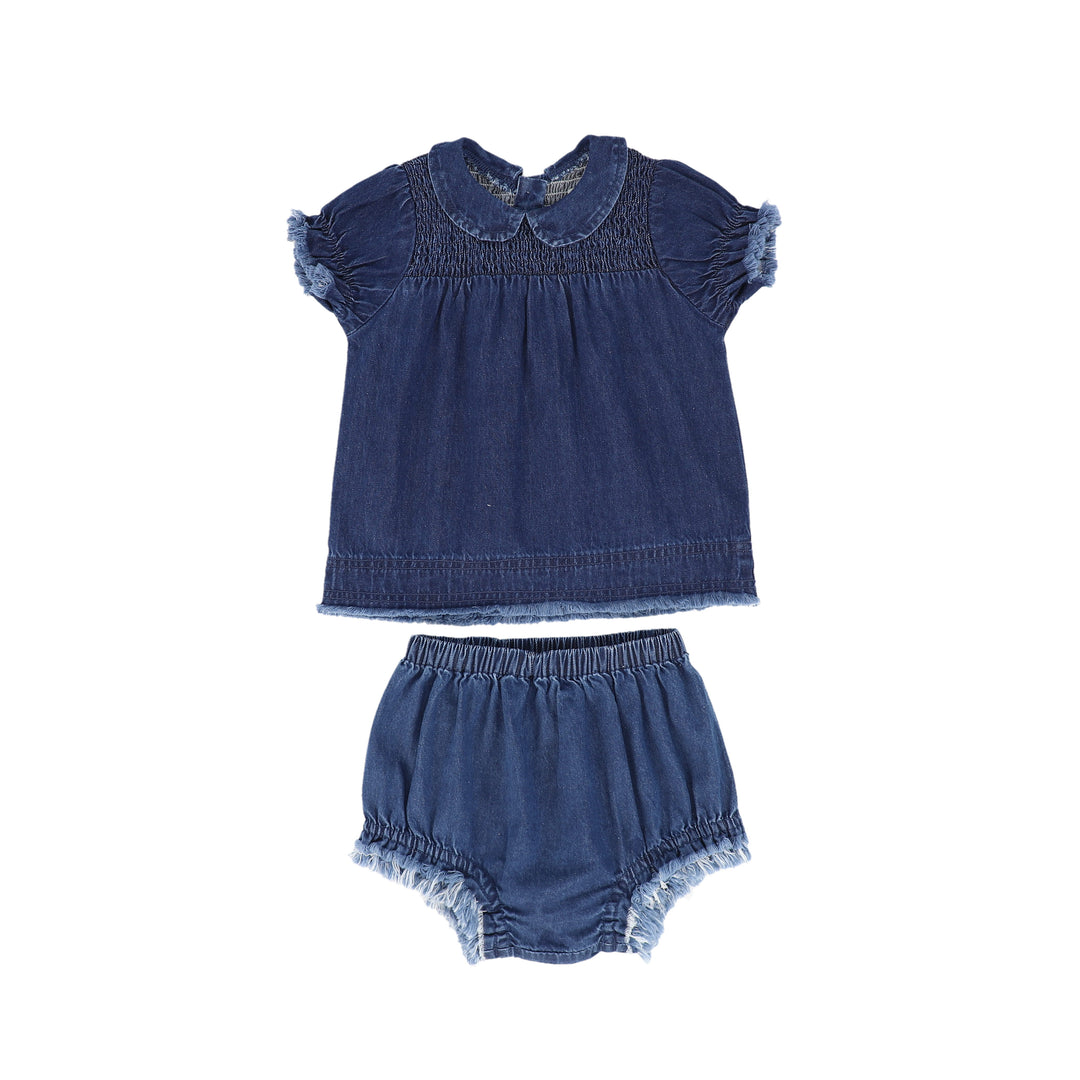 C-19557-Denim Fringe Smocked Bloomer Set -Denim