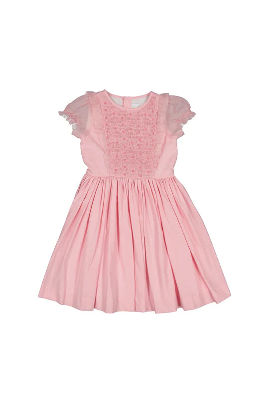 CAMELIA PINK ORGANZA PUFF SLEEVES SMOCKED DRESS