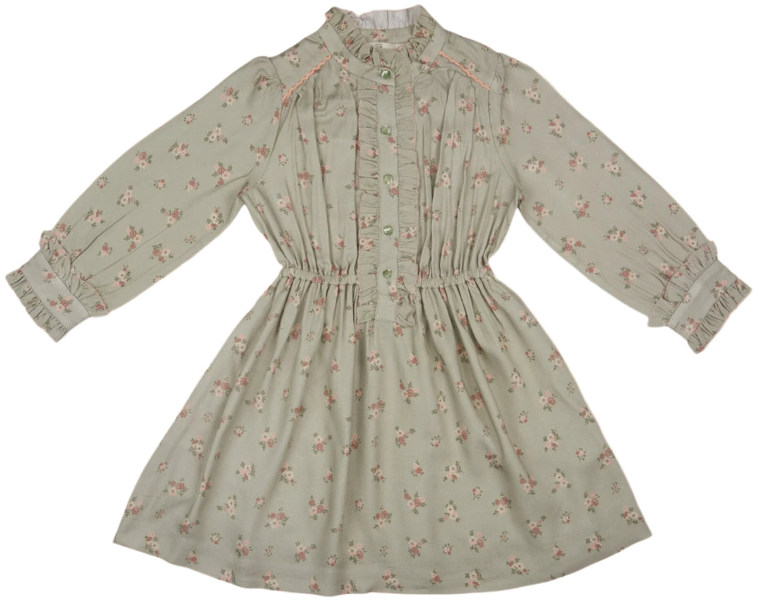 Dawn Dress-Printed Viscose Rayon Twill - Ditsy Bouquet Jade Print
