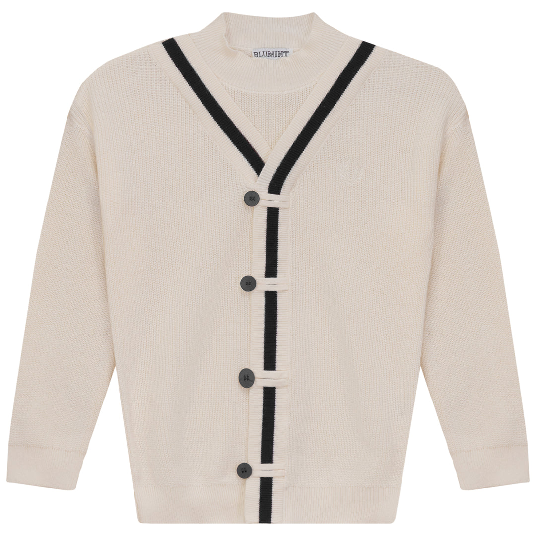 DRAK-CONTRAST TRIM CARDIGAN MOCK NECK-CREAM/BLACK