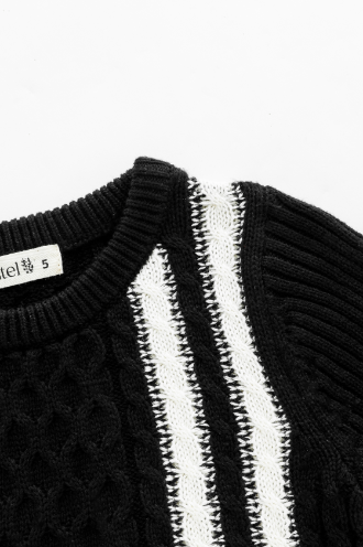 CABLE SWEATER WITH CONTRAST STRIPES-BLACK