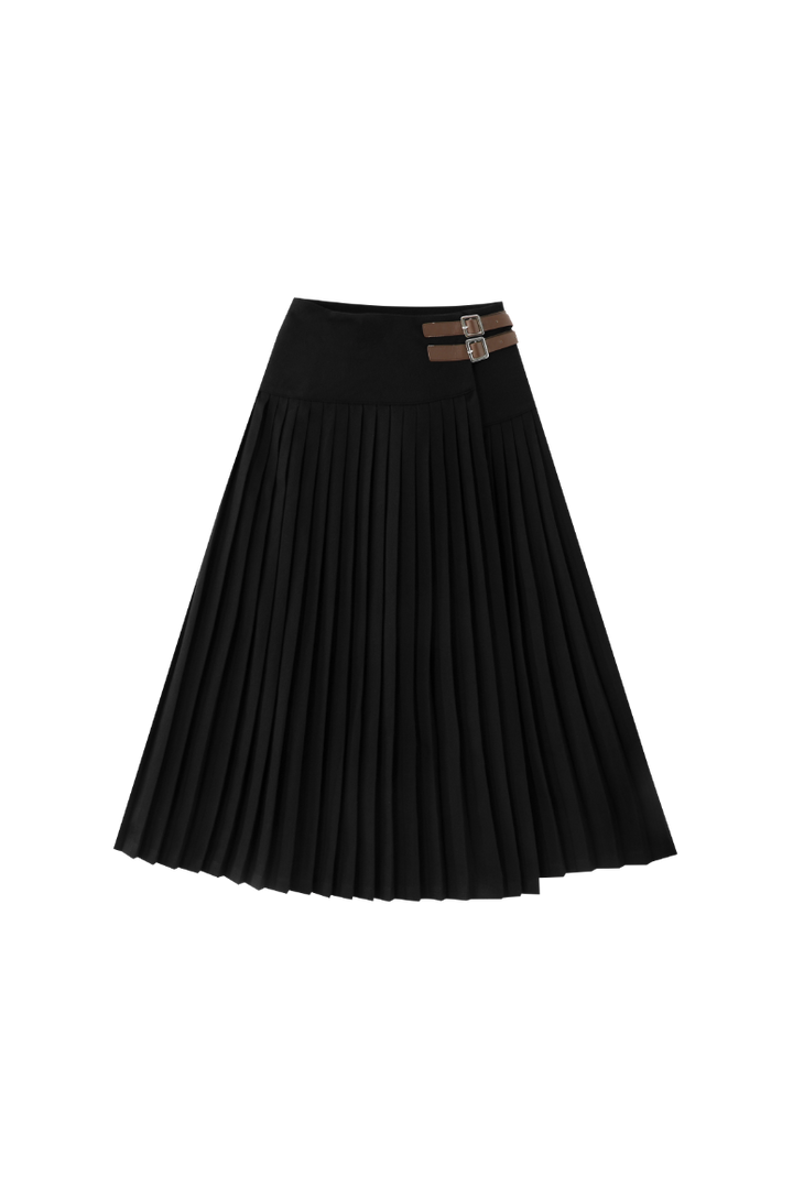 ACCORDIAN PLEATED SKIRT WITH SIDE BUCKLES-BLACK