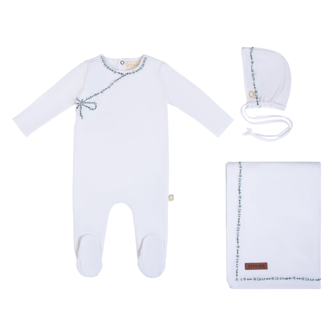 Mock Wrap Embroidery Set-White/Light Blue