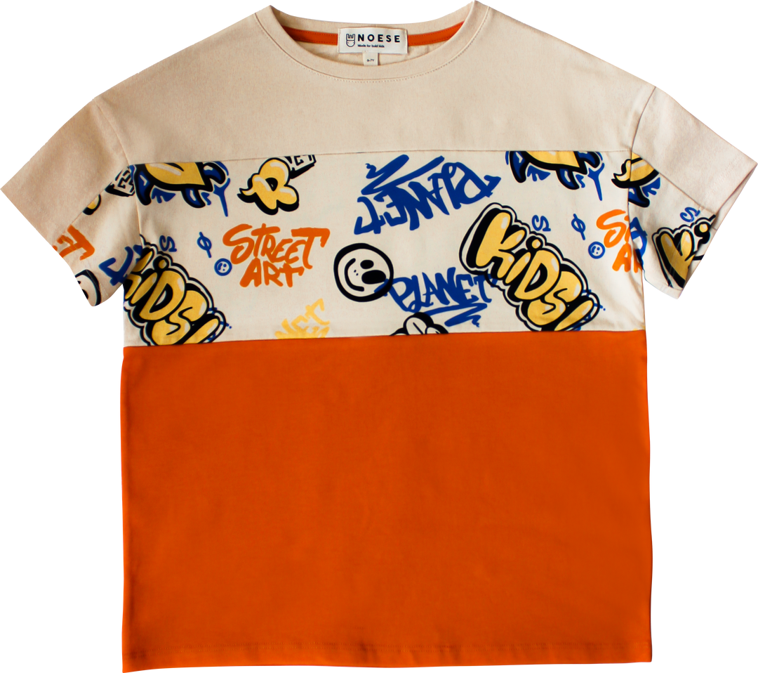 3305-GRAFITTI WALL T-SHIRT-Beige/Orange
