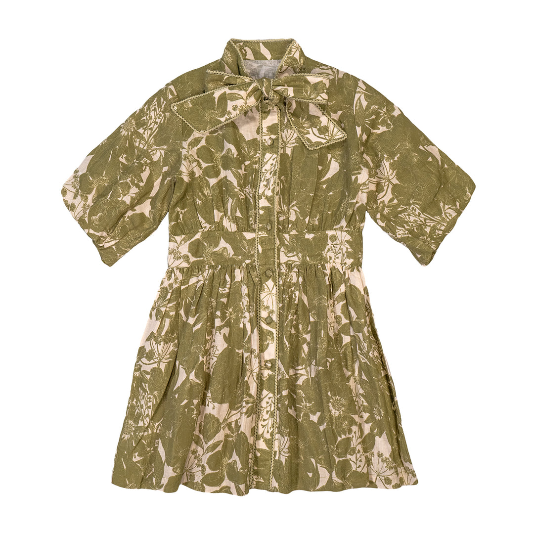 LENNOX-Bow tie dress with bubble sleeve-WARHOL GREEN