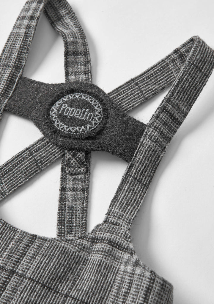 Mod.9.5 Grey plaid woollen short dungarees with embroidery appliqué