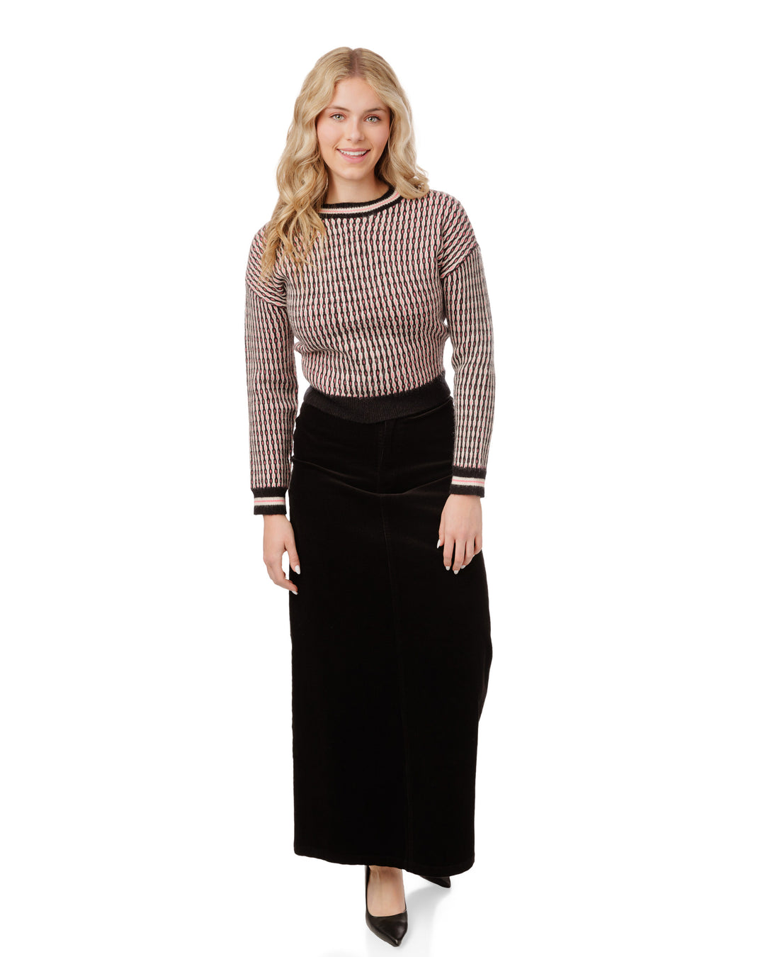 TW51266-A-Black And Pink Pattern Sweater With Striped Hem