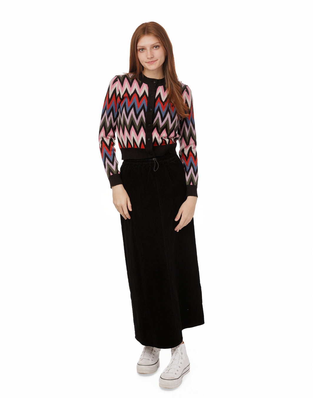 TW5181T-A-Black Sweater With Multi Colored Zig Zag Print