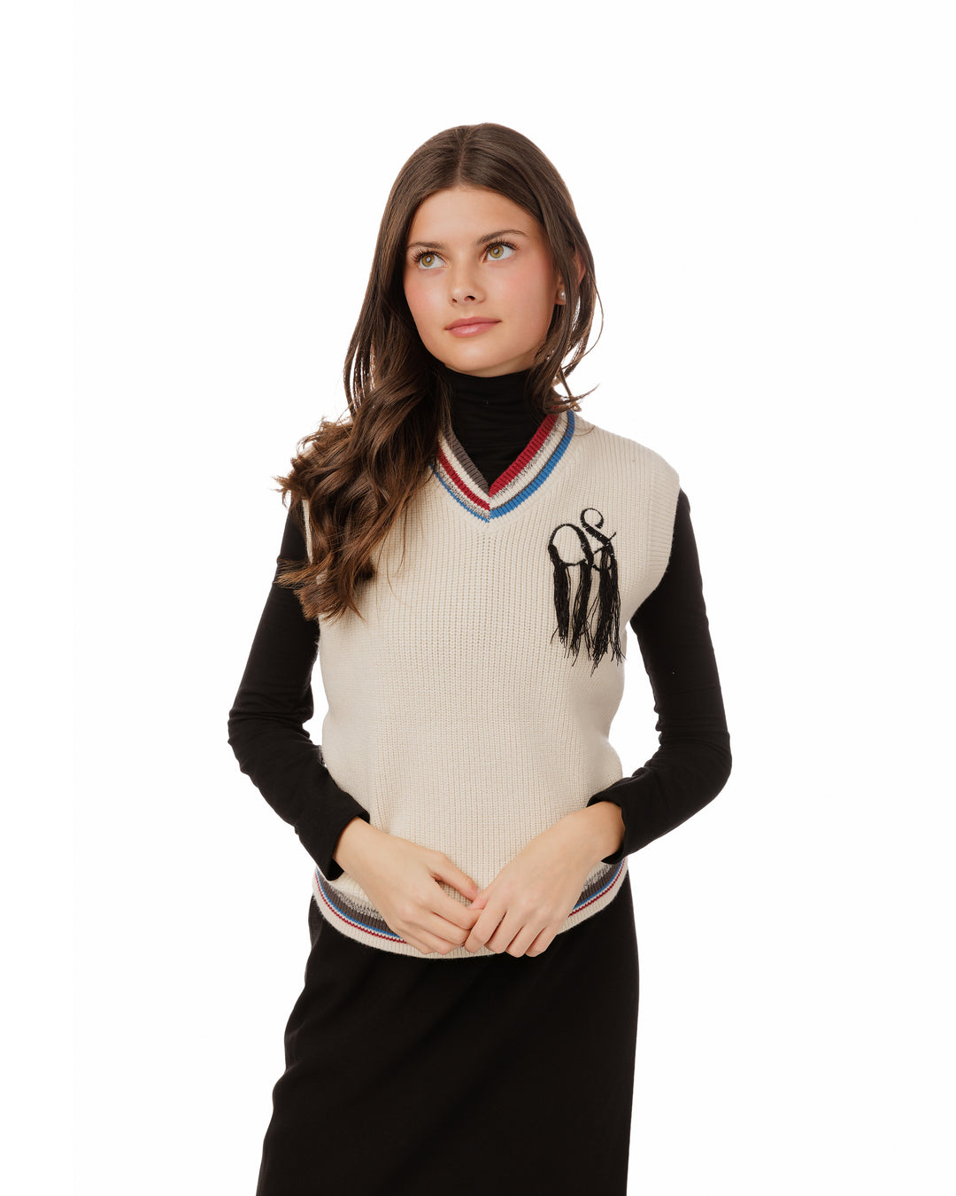 TW5692T-A-Off White Knit Vest With Colored Striped Ribbing