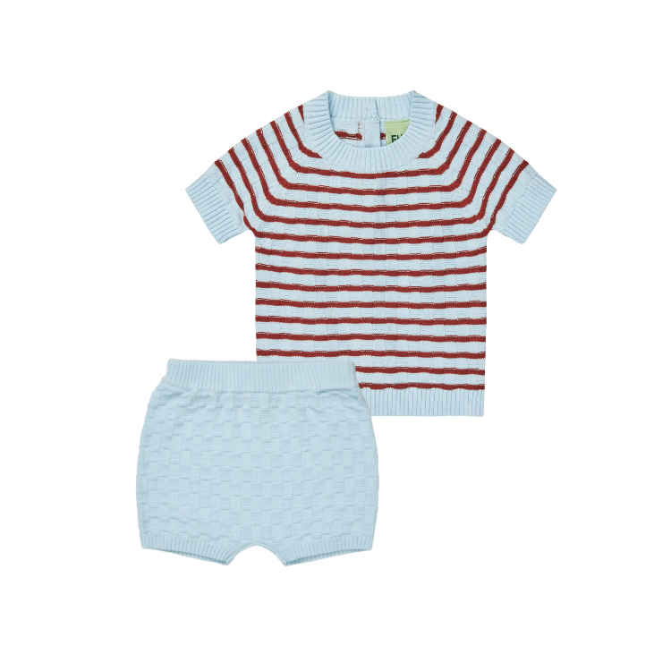 5425/5525-BABY CHECKED TEE/SHORTS SET-Light Blue/Chili