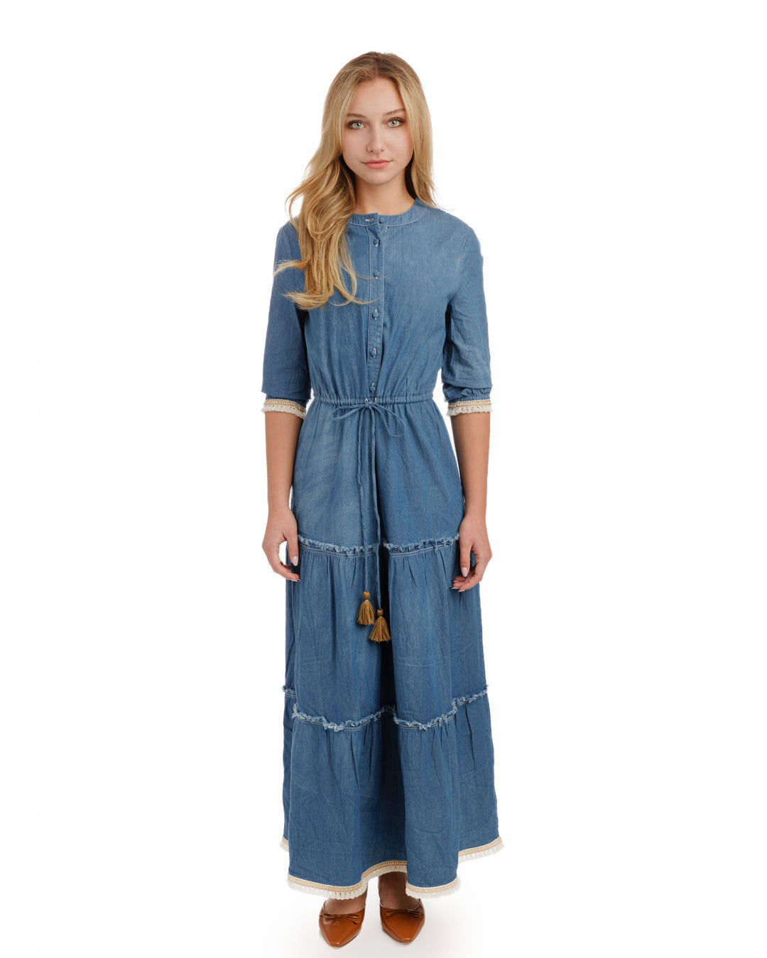 WS51849D-BLUE DENIM LAYER DRESS WITH TASSELS