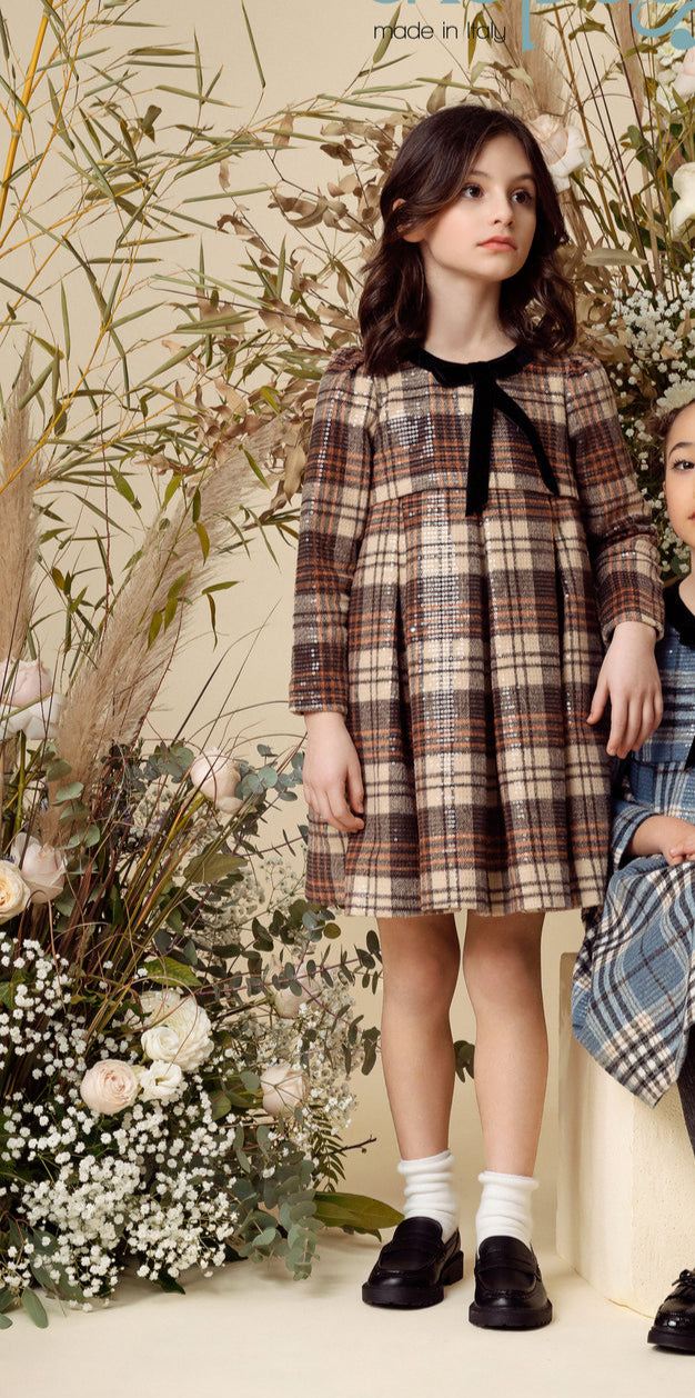 25WAGDRE00008-ANGELICA-SEQUINS TARTAN DRESS WITH VELVET BOW-BROWN