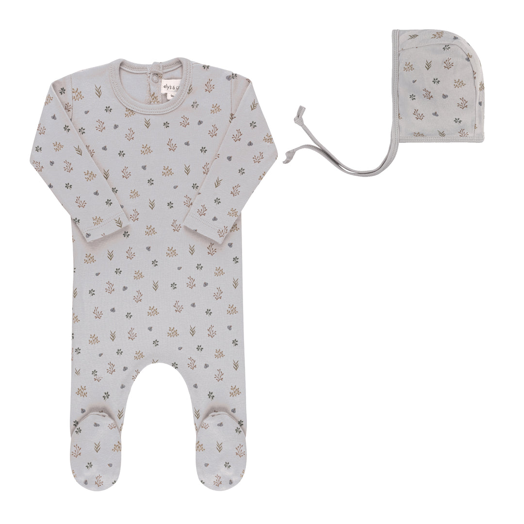GARDEN FLORAL PRINT COLLECTION-FOOTIE/BONNET SET-Blue