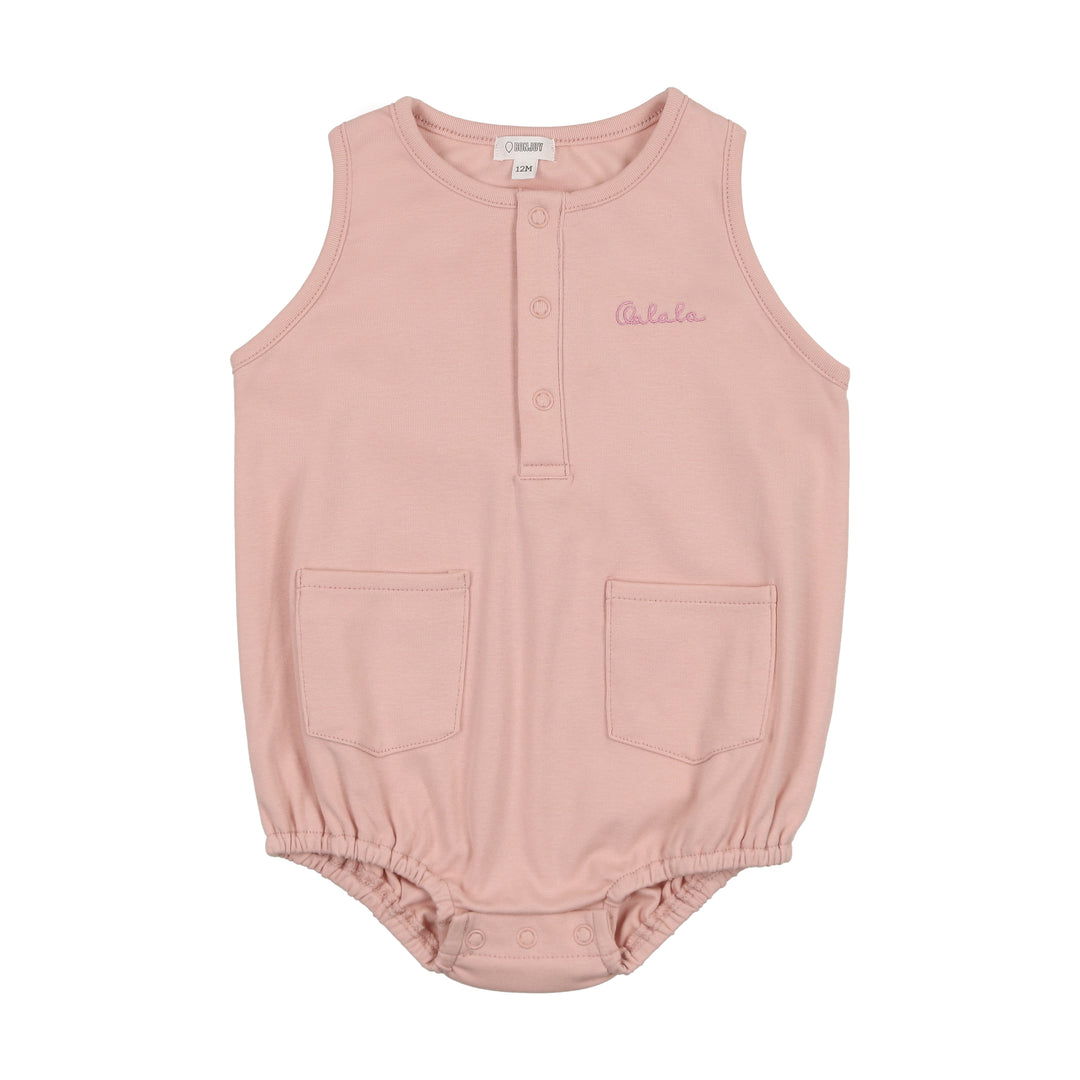 BTS25006R-Printed Word Baby Romper-Pink Denim