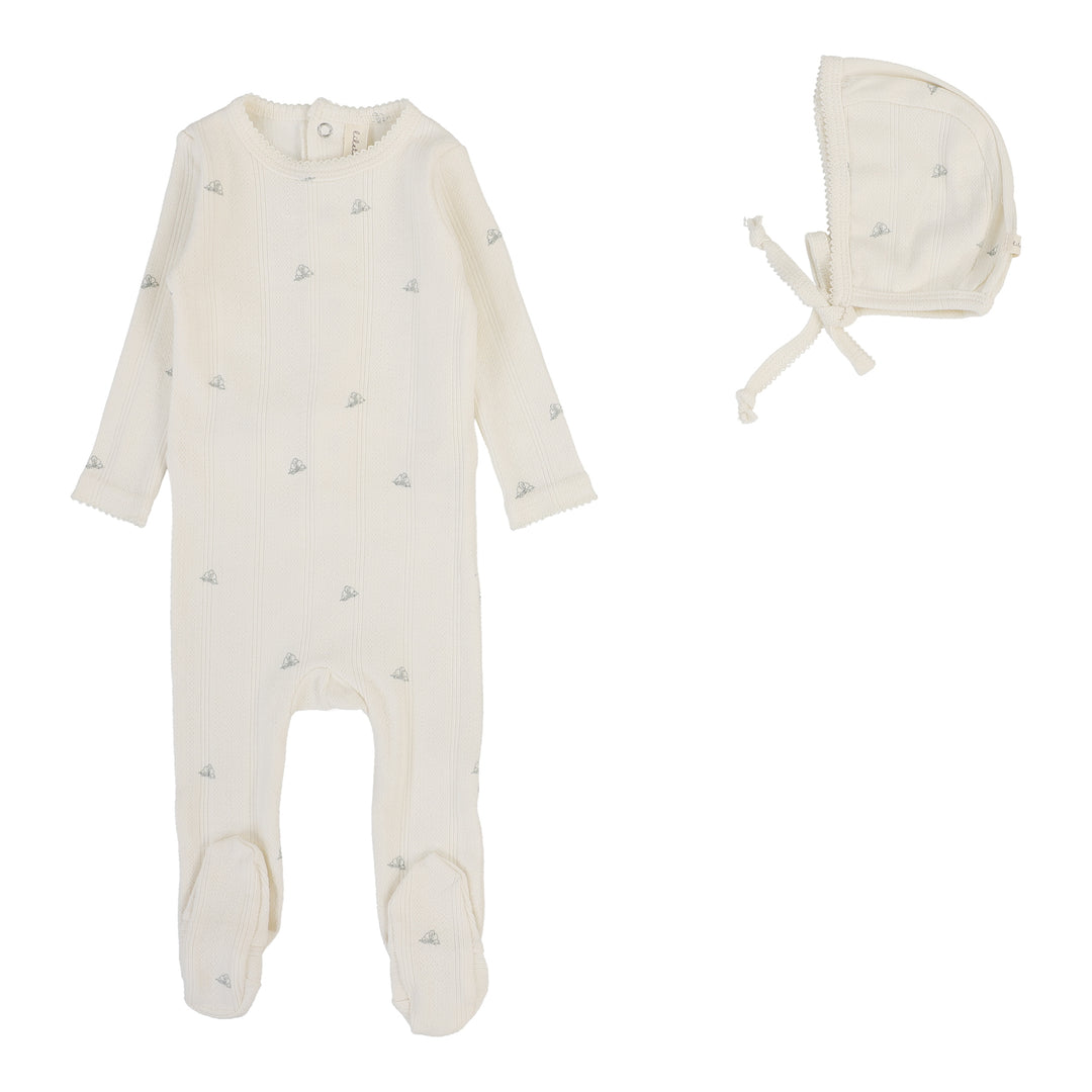 Printed Pointelle Footie Set-Cream/Blue Crown