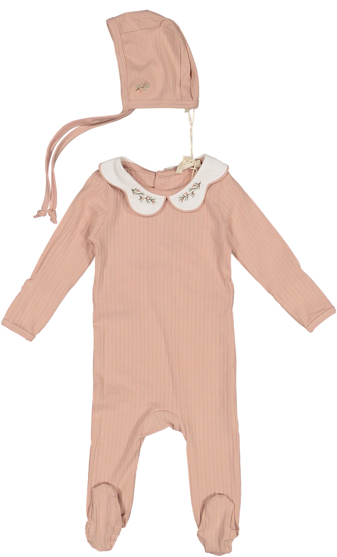 COTTON WIDE RIB EMBROIDERED-PINK-FOOTIE/BONNET SET