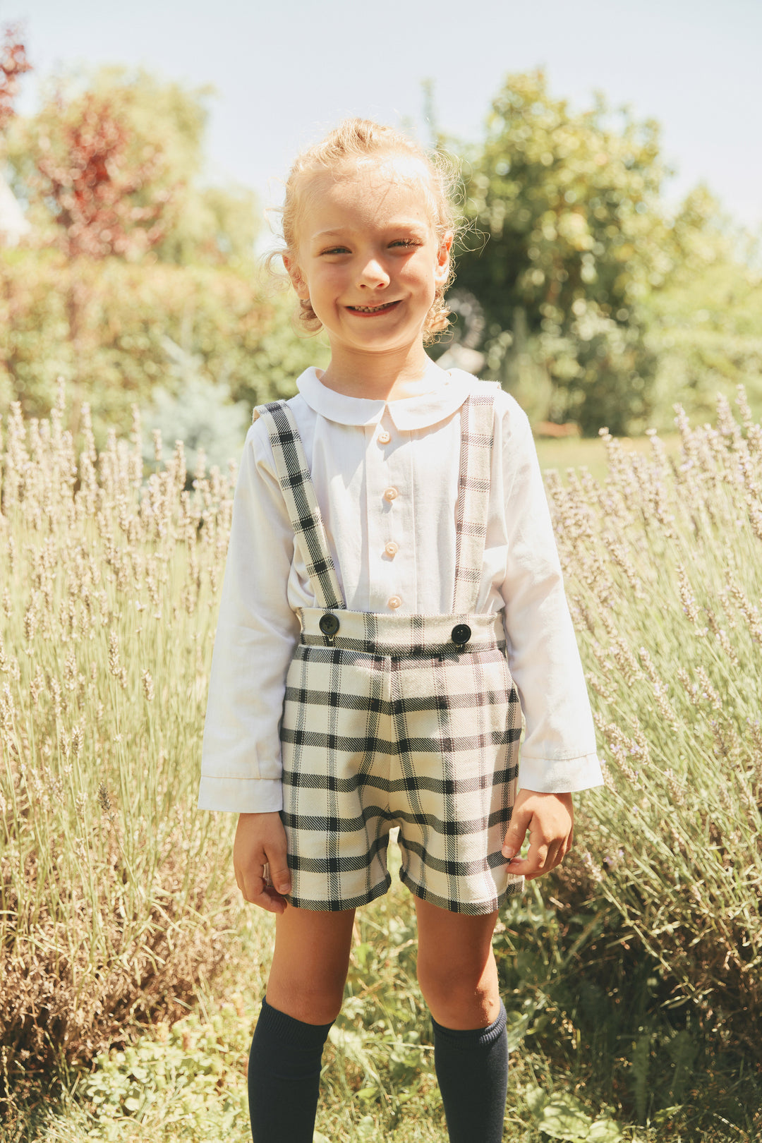 CLEMENT SHORT PANTS IN BEIGE WITH BLACK PLAIDS AND SUSPENDERS
