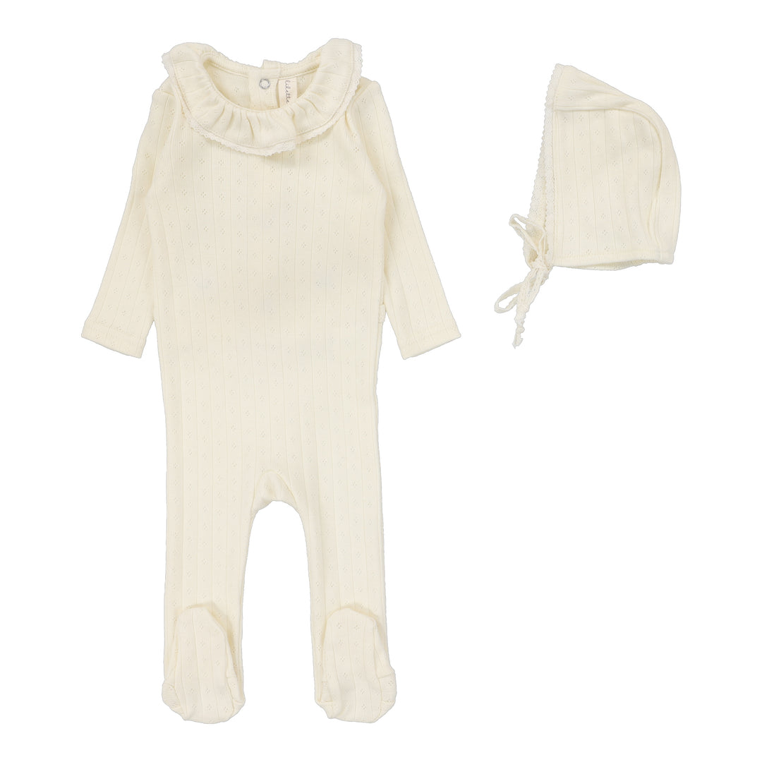 Fine Pointelle Collar Footie Set-Cream Ruffle