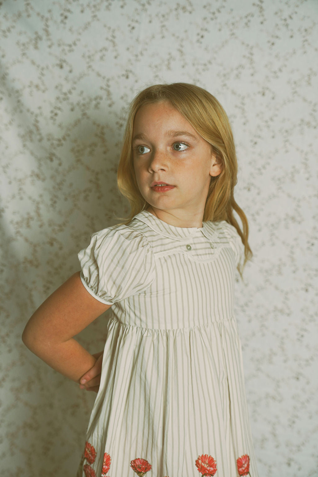 C-26112-Striped Floral Puff Sleeve Collar Dress-White/Tan