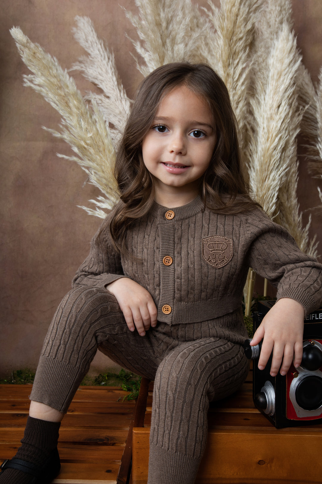 BKN636-Baby overall with cable cardigan-MOCHA