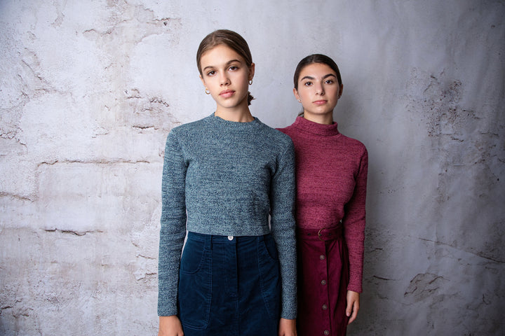 HKN550-STRIPPED RIBBED TURTLENECK-Teal