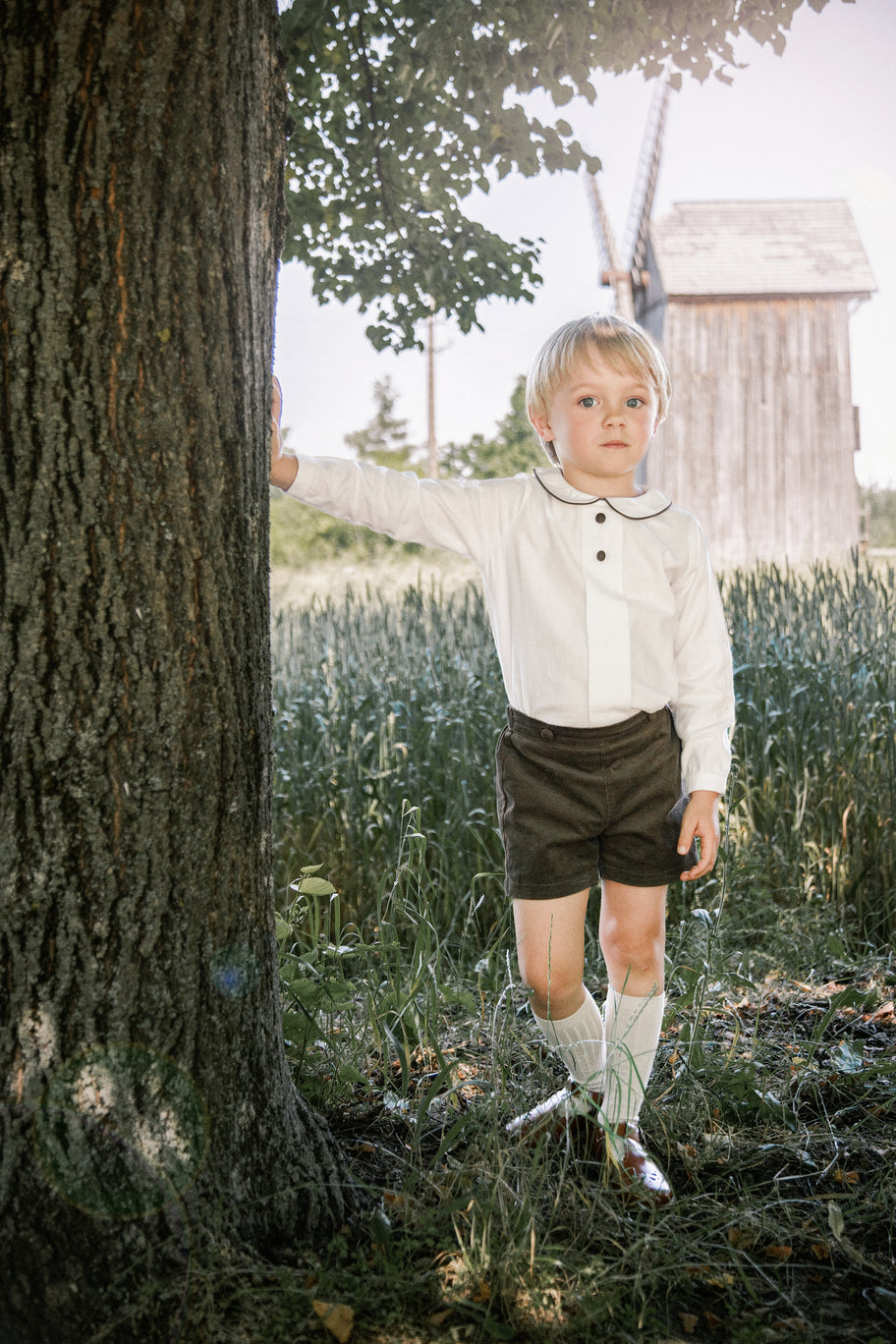 NSE641 BINDING COLLAR PETER PAN SHIRT WITH SHORTS SET - MOCHA