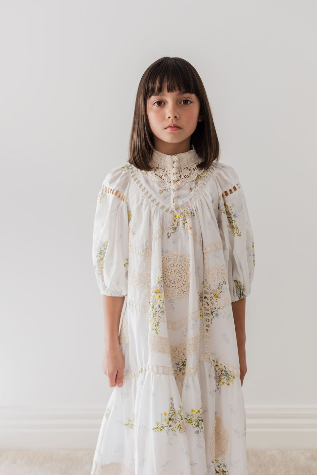 1195C-Doily Applique Voile Dress-Spring Meadow Print