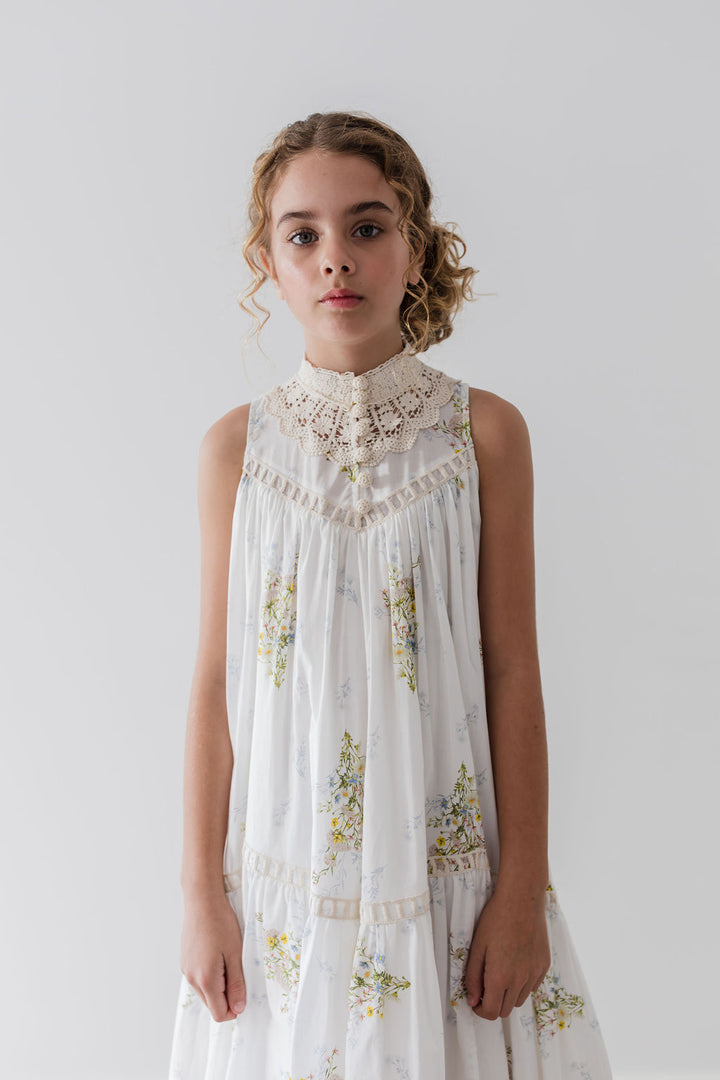 1196C-Doily Applique Voile Sleeveless Dress-Spring Meadow Print