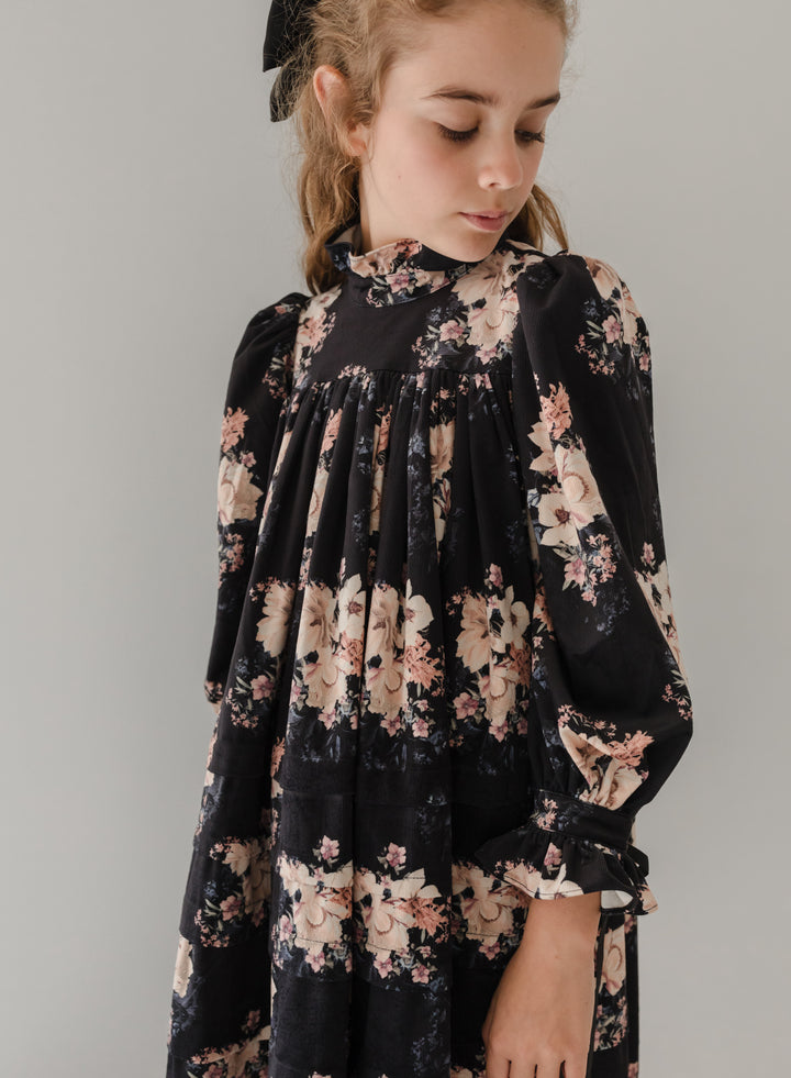 1218-Black Bouquet Print Cord Dress