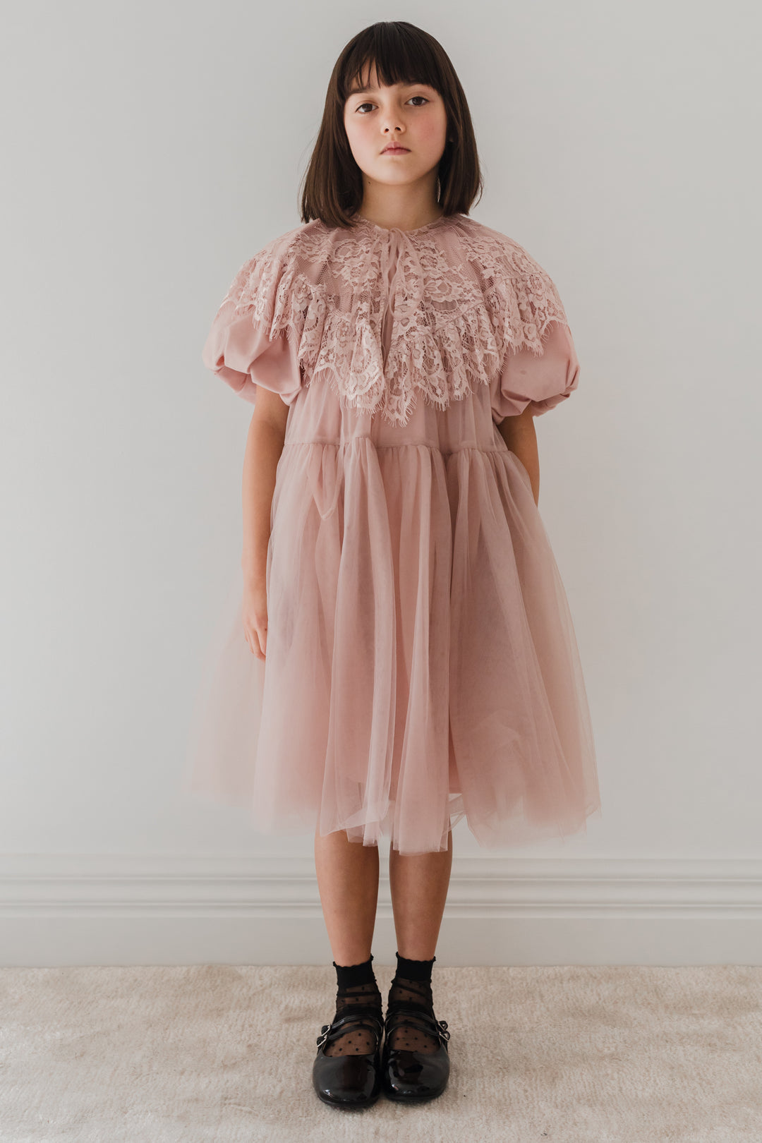 1232-Lace Collar Tulle Babydoll Dress 3/4 SLV-Mauve 1232-Lace Collar Tulle Babydoll Dress 3/4 SLV-Mauve