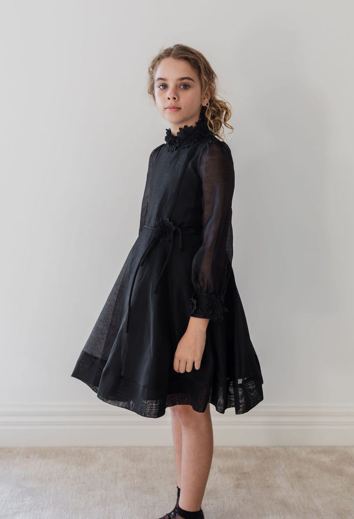 1235-Silk Linen Flower Applique Dress 3/4SLV-Black
