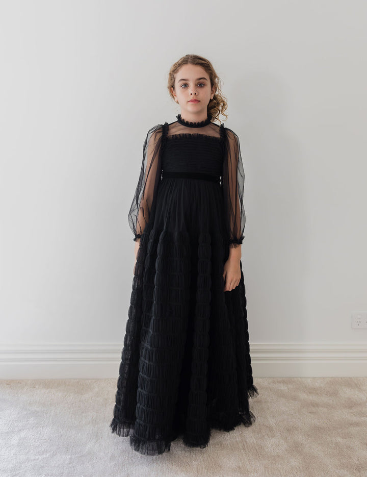 1251-Smocked Tulle Dress-Black