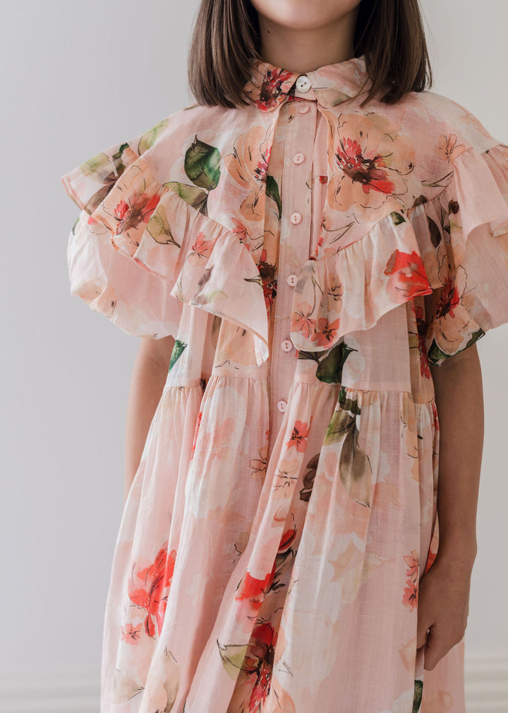 1255B ELBOW-Linen Collar Dress-Peach Peony Print 3/4 sleeve