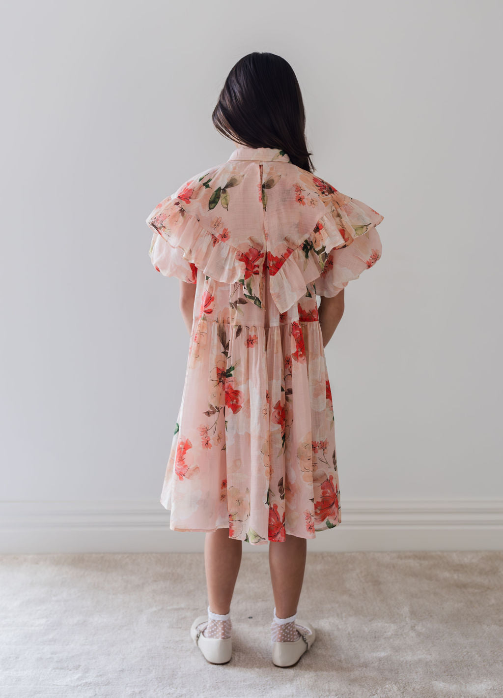 1255B ELBOW-Linen Collar Dress-Peach Peony Print 3/4 sleeve