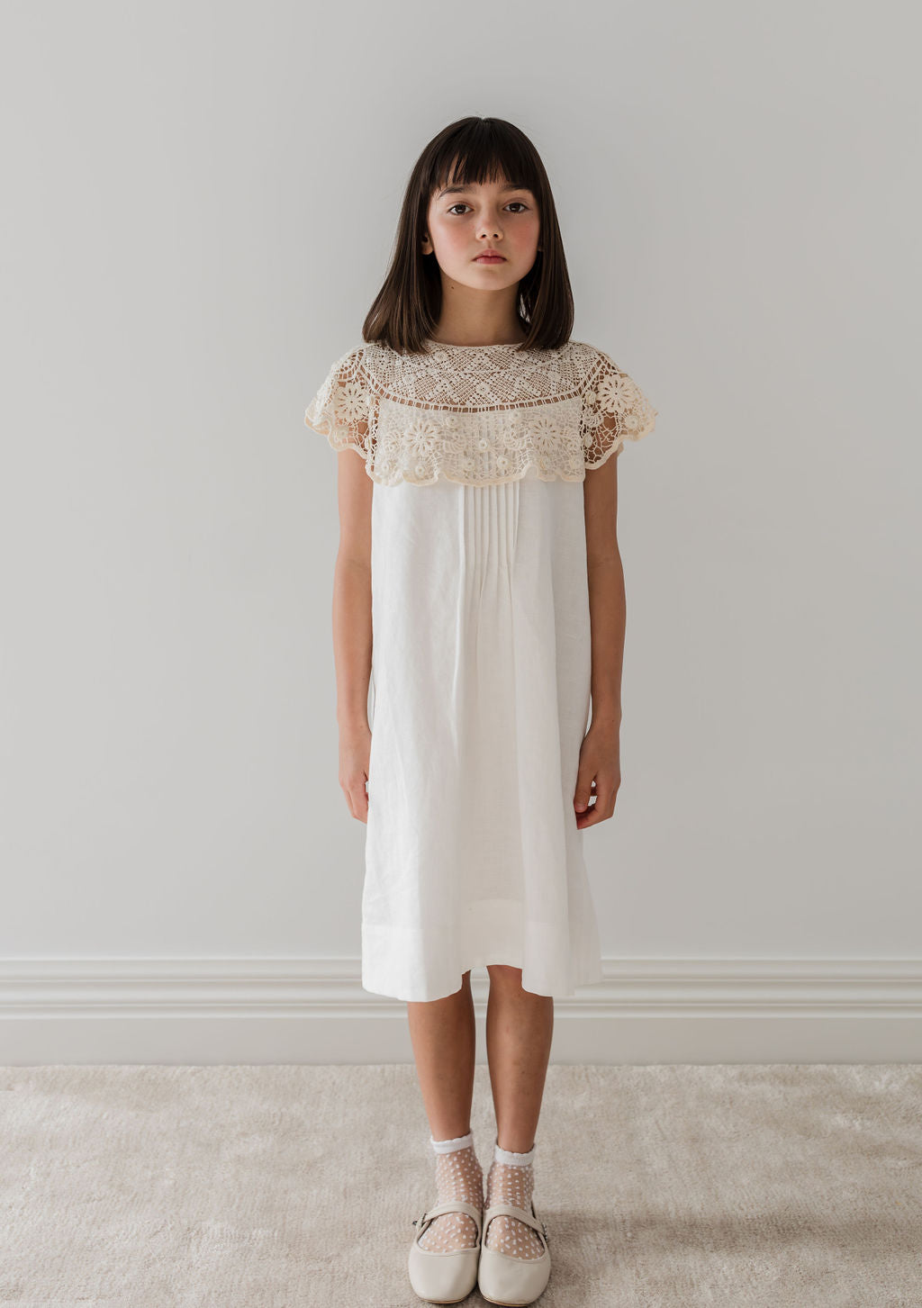 1257-Crochet Cape Linen Dress-White/Natural