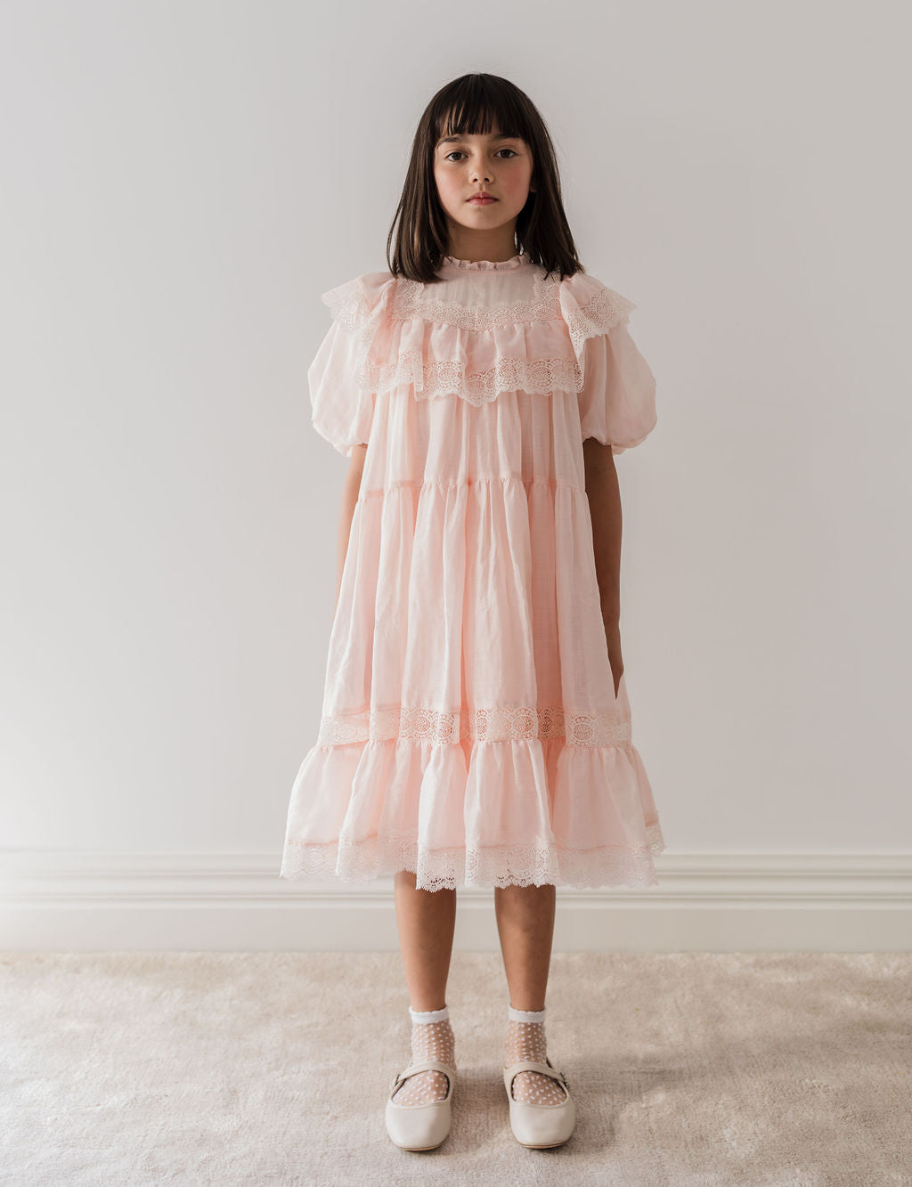 1261-S/S Poppy Lace Trim Dress-Soft Peach