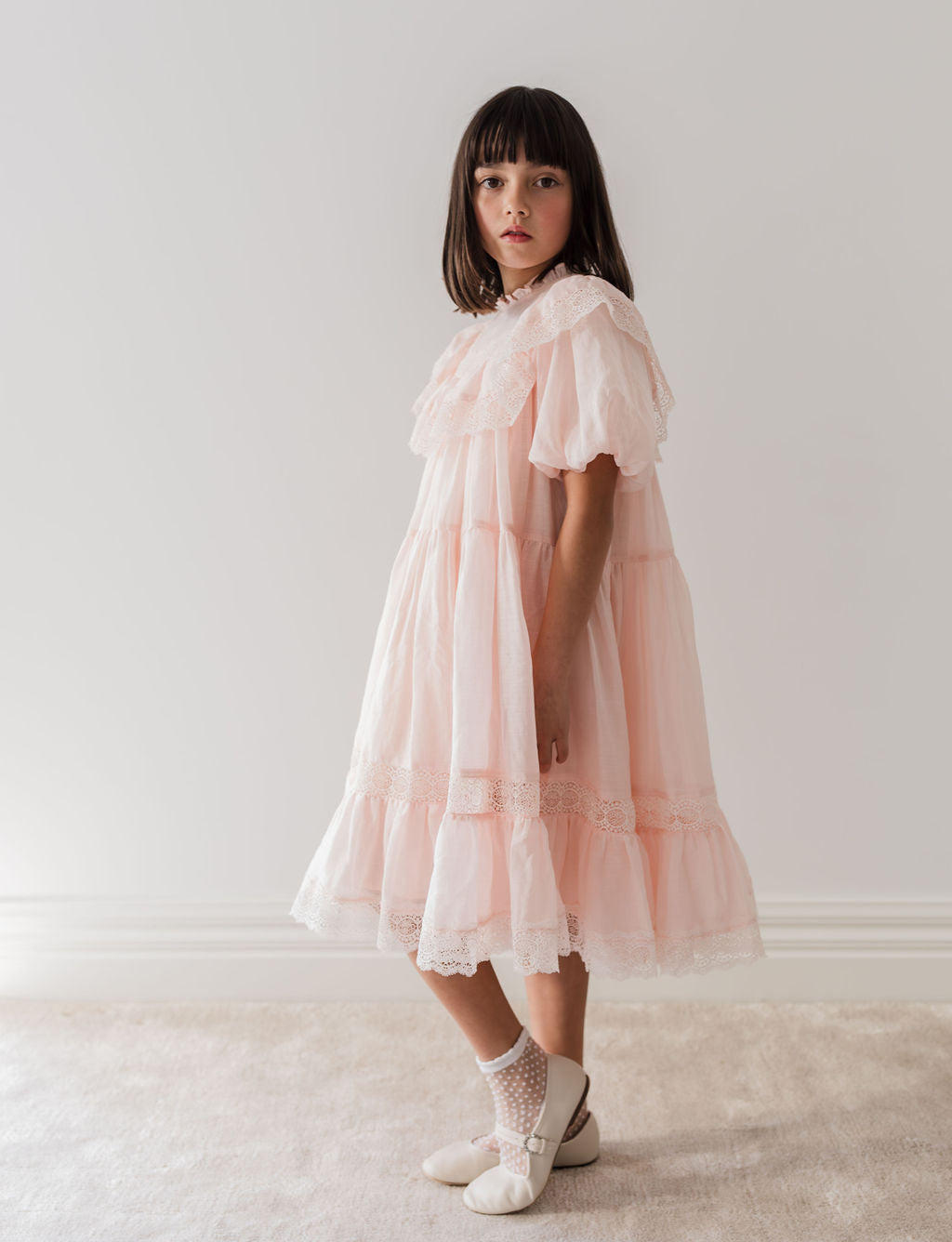 1261-S/S Poppy Lace Trim Dress-Soft Peach