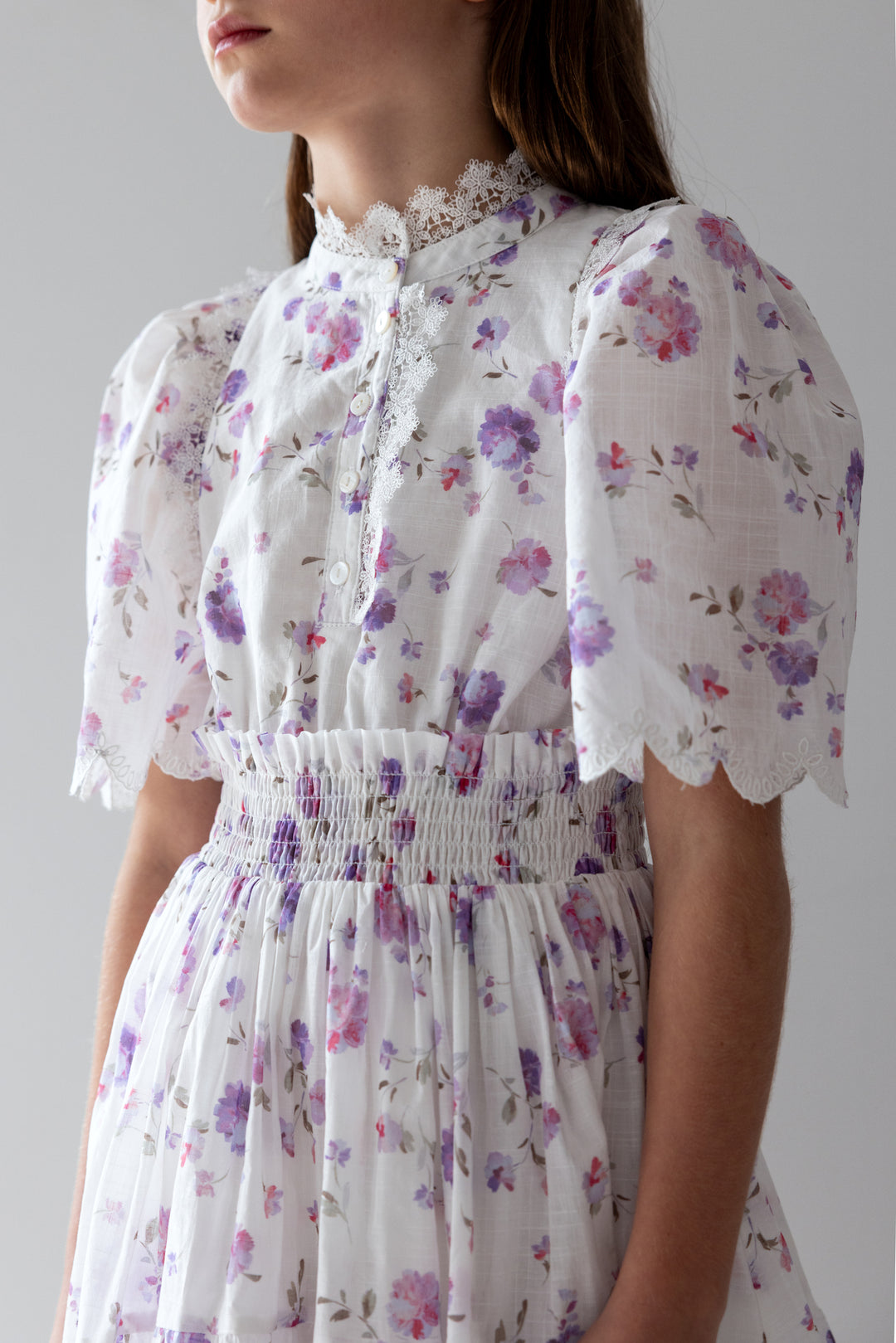 1277B-LILAC FLORAL PRINT SHIRRED WAIST DRESS