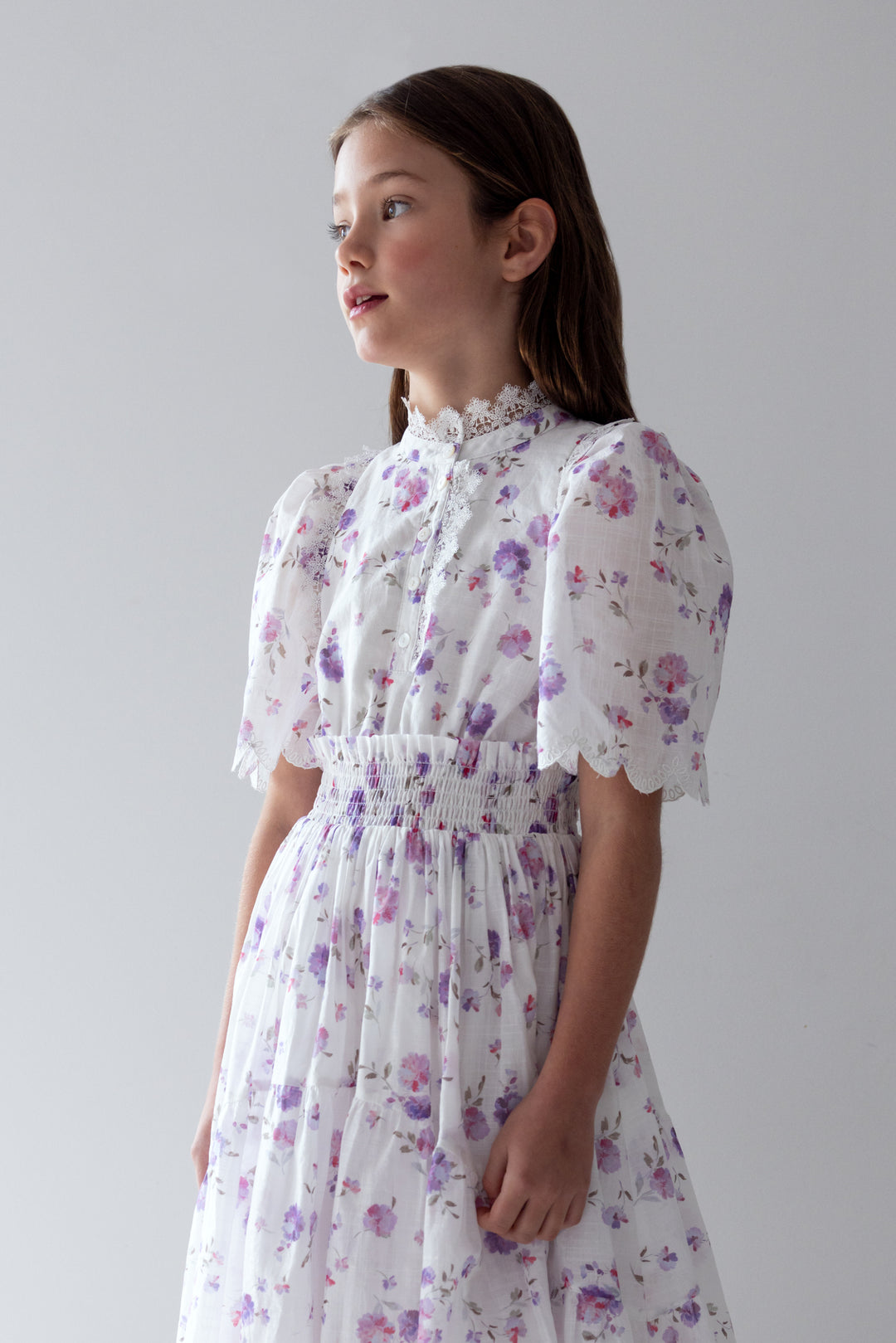 1277B-LILAC FLORAL PRINT SHIRRED WAIST DRESS
