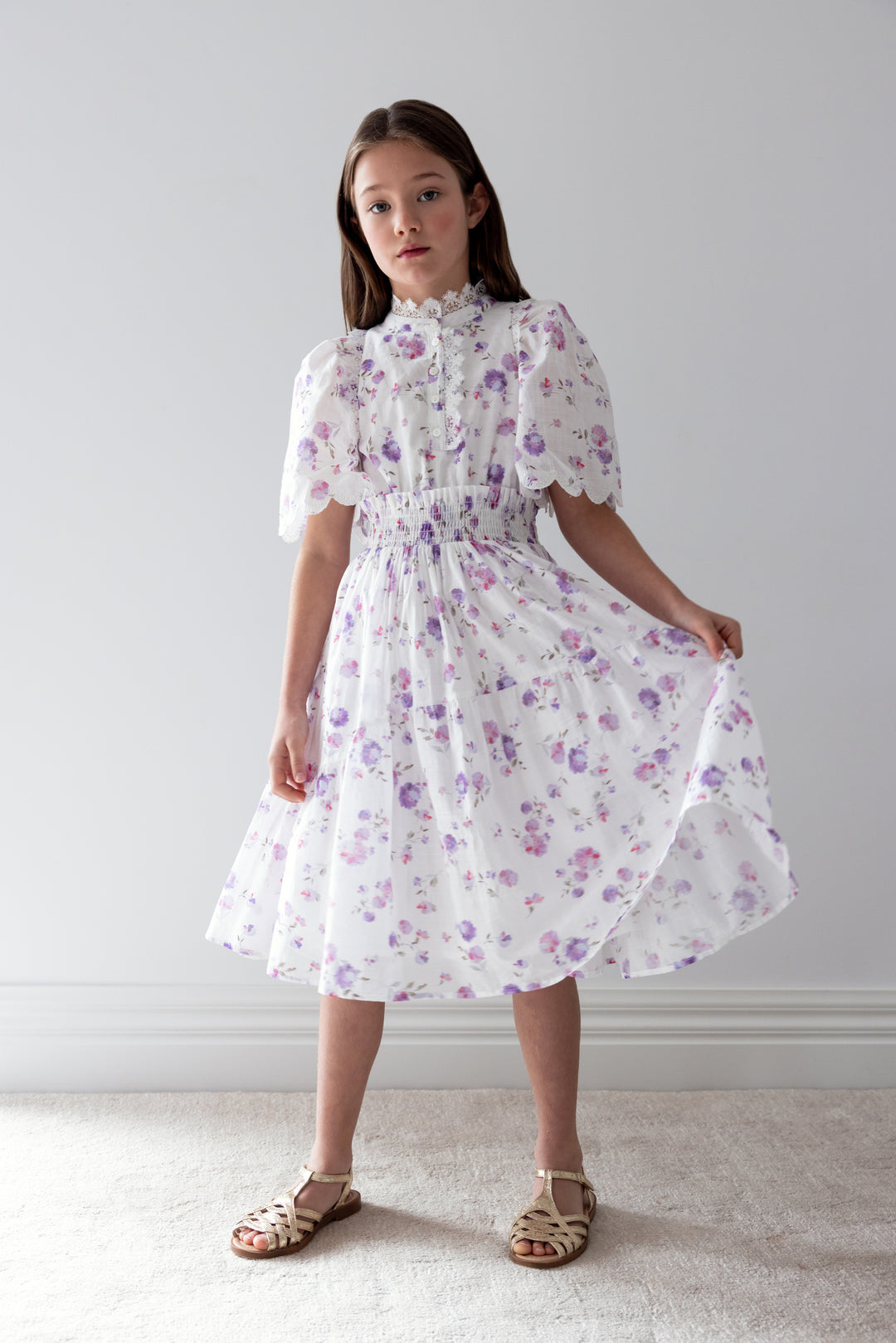 1277B-LILAC FLORAL PRINT SHIRRED WAIST DRESS