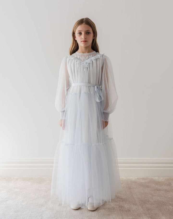 1291-Vintage Yoke Tulle Dress-Soft Blue