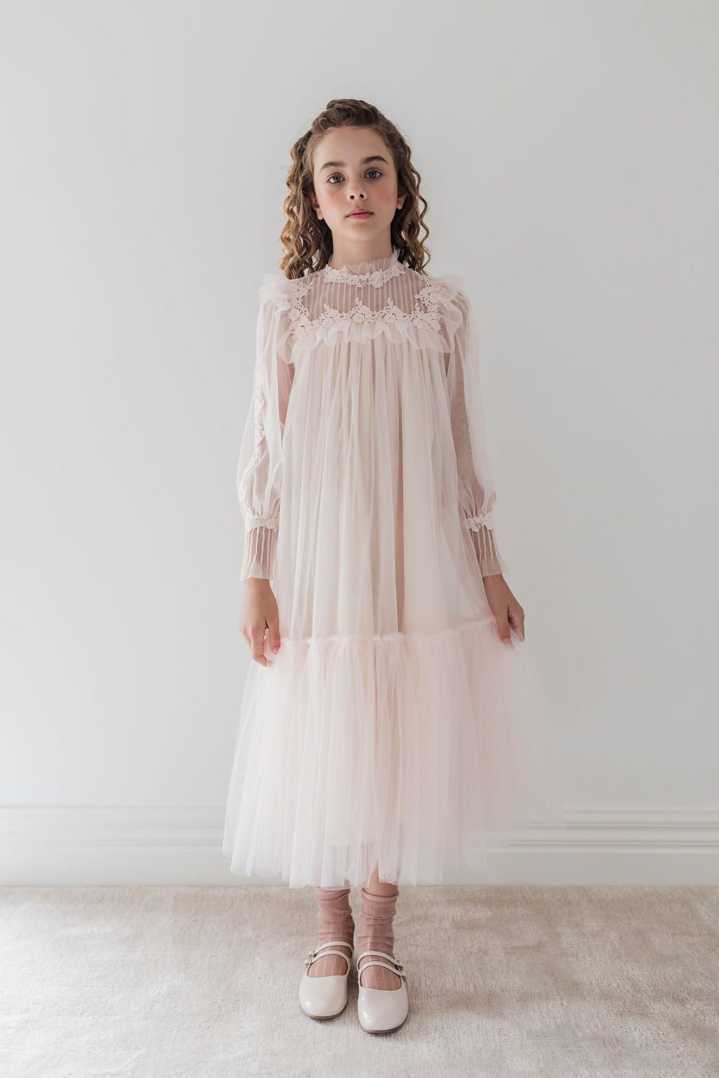 1337B-Pintuck Lace Yoke Dress-Cream